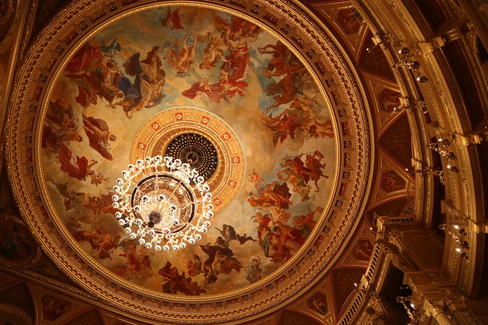 a chandelier hanging from the ceiling of a building