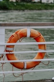 A bright orange lifebuoy is hanging on a railing with a body of water and a green landscape visible in the background. The lifebuoy is secured with ropes and has white reflective strips.