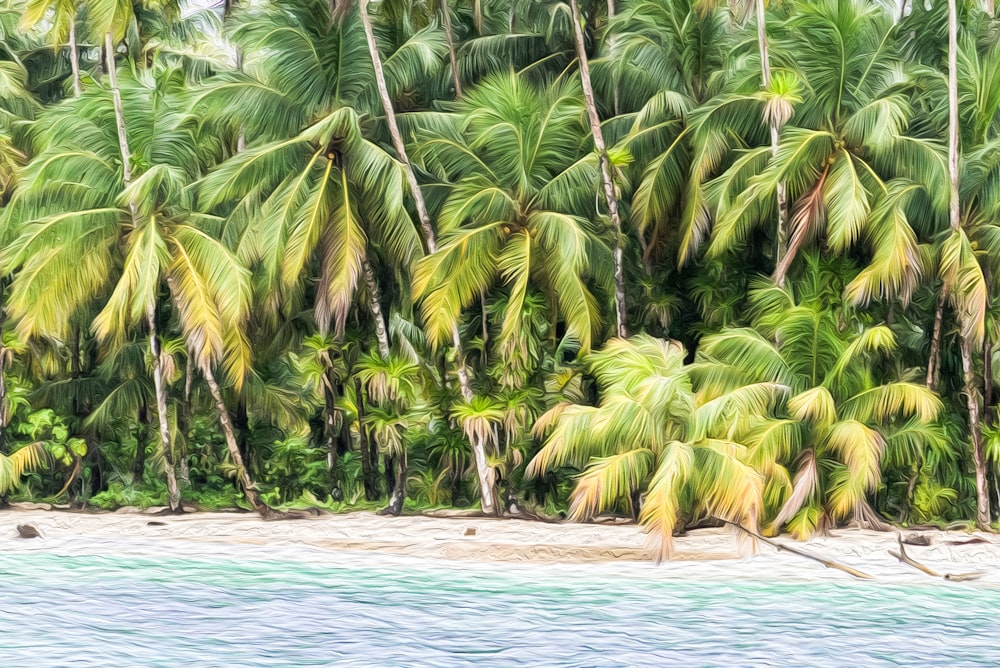 a painting of a tropical beach with palm trees