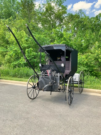 A classic black horse-drawn carriage with large, spoked wheels is parked on a paved road. It is set against a backdrop of lush green trees and grass under a partly cloudy blue sky.