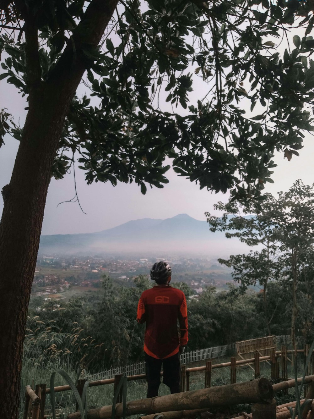 a person in a red jacket looking out over a valley