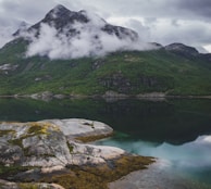 a mountain with a body of water in the foreground