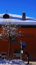 A quaint European town scene with a snow-covered building displaying the words Rathaus Municipio on its facade. A tree in the foreground is also coated with snow, with a sidewalk below it. Several signs with different texts are visible, including a bus stop sign. A person is seen standing under the signs, engaged in an activity. The sky is clear and vibrant blue, indicating a bright winter day.