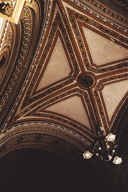 Intricate ceiling design featuring ornate patterns and detailed artwork. The design includes symmetrical geometric shapes adorned with floral motifs and rich textures, accompanied by an elegant chandelier with multiple lights.