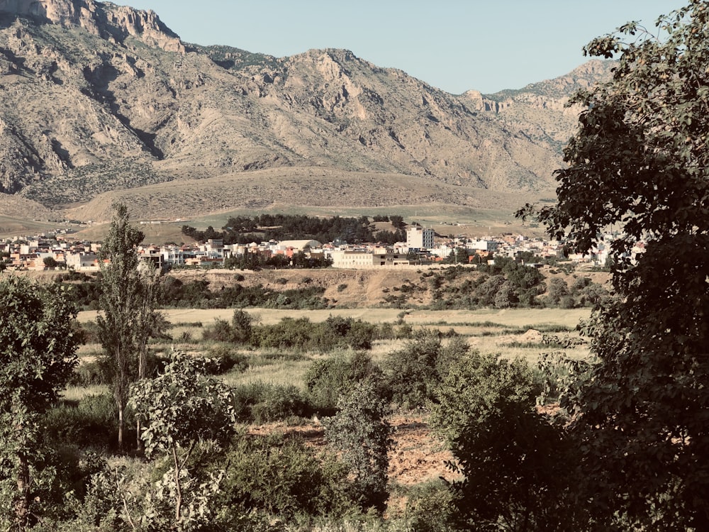 a view of a small town in the mountains
