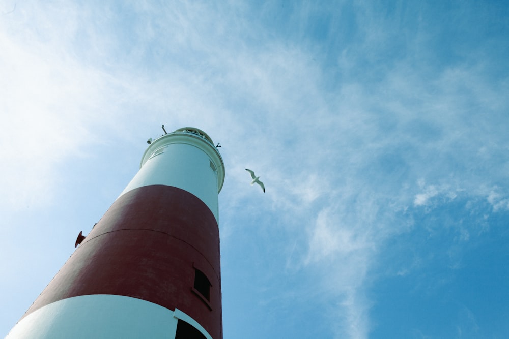 a red and white lighthouse under a blue sky