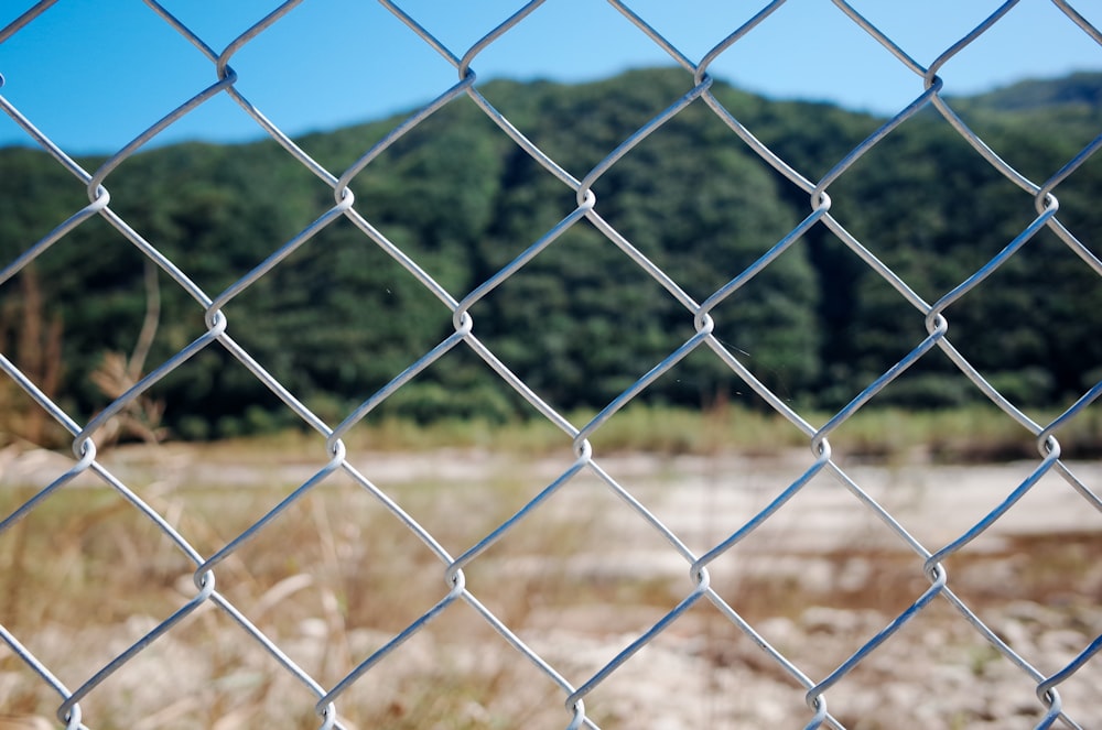 a view of a field through a chain link fence
