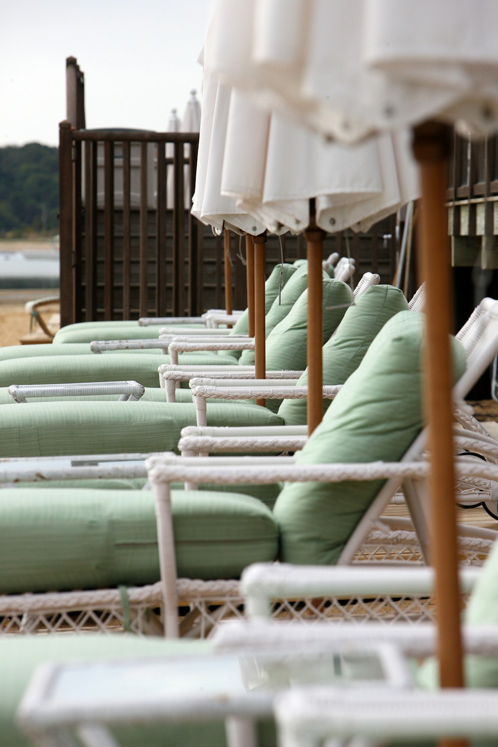 a row of beach chairs with umbrellas on top of them