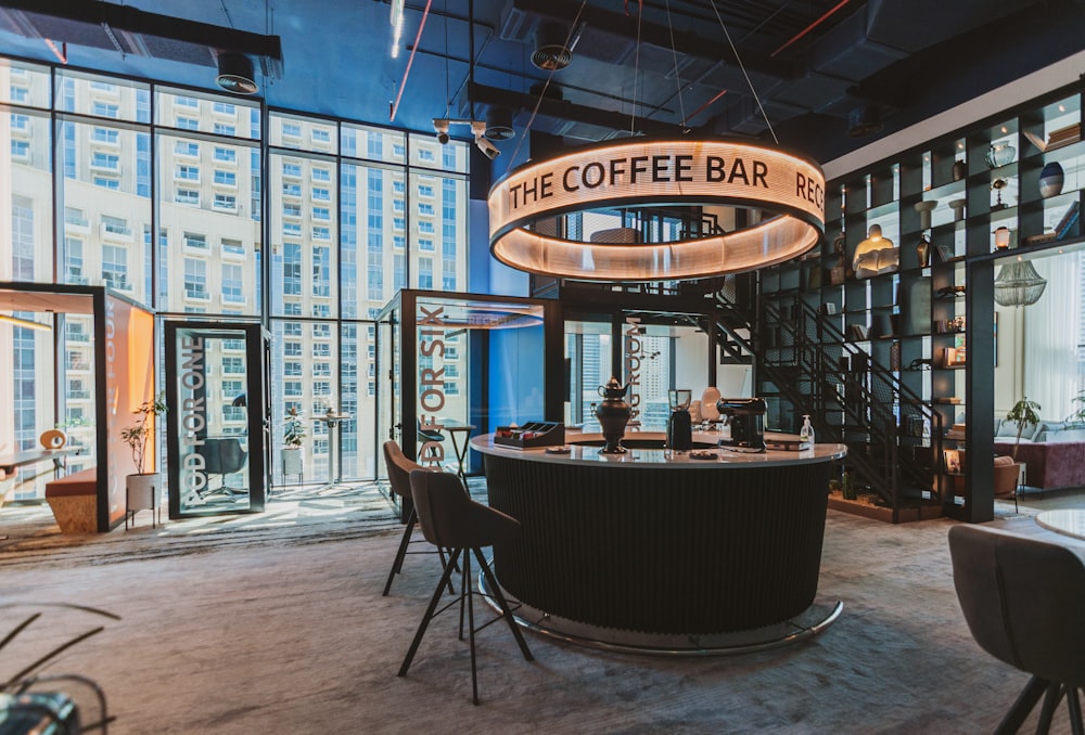 the coffee bar is located in the middle of the building