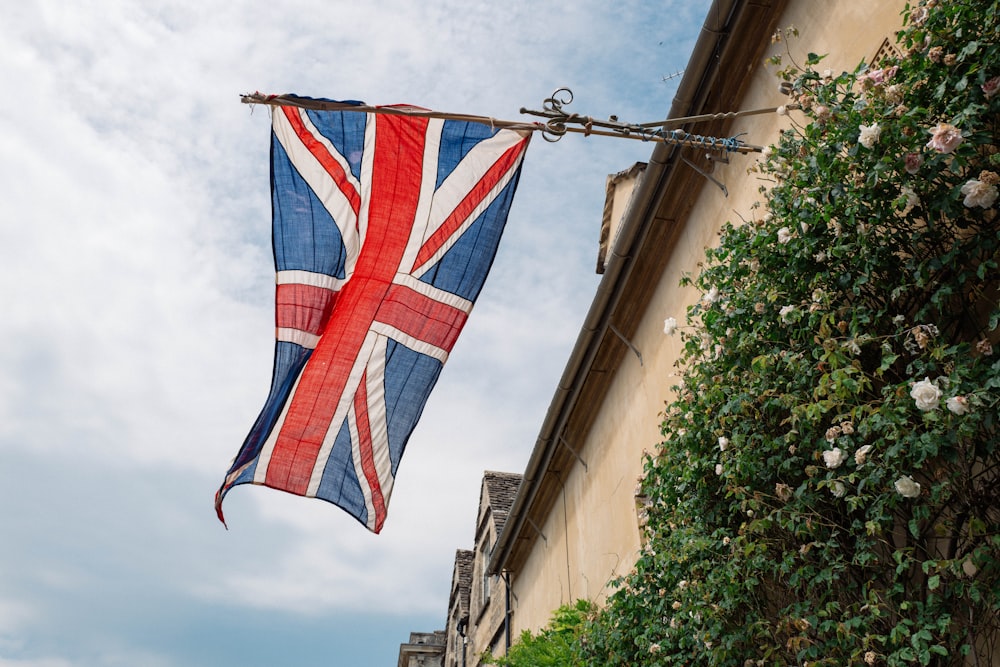 a union jack flag hanging from a wire