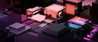A complex arrangement of geometric shapes and blocks in various shades of pink, purple, and black, creating a futuristic abstract design with a digital or 3D rendering style.