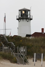 a lighthouse on top of a hill next to a beach