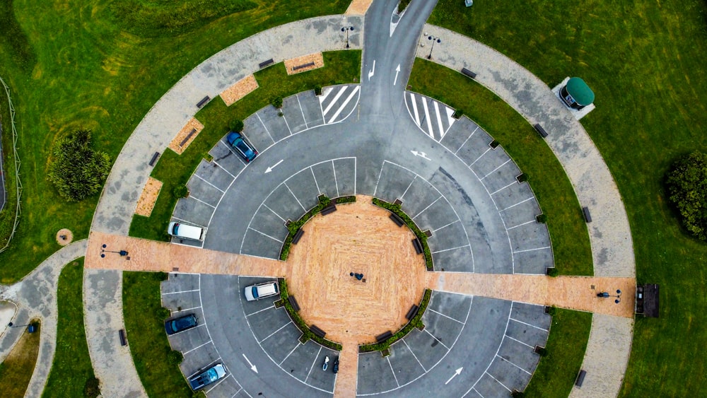 an aerial view of a circular parking lot
