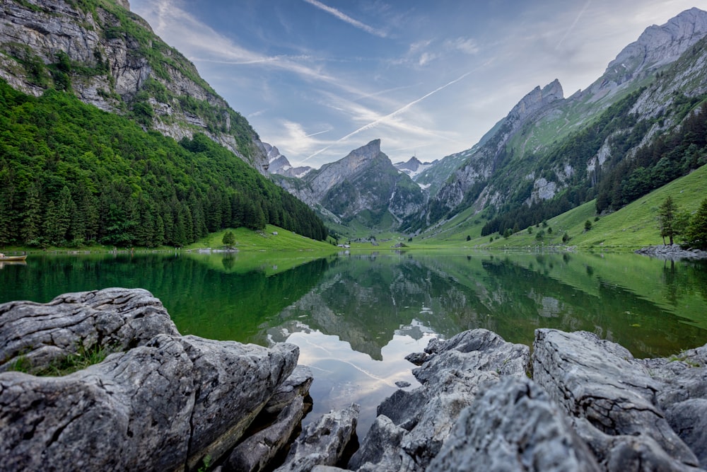 a mountain lake surrounded by rocks and trees