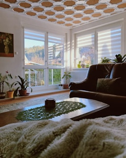 a living room with a couch and a coffee table
