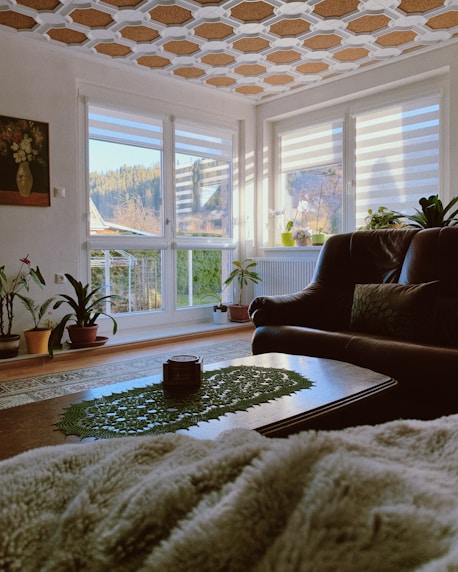 a living room with a couch and a coffee table