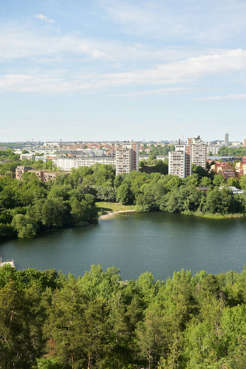 a large lake surrounded by trees and buildings