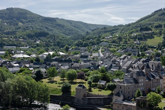 A picturesque village nestled among rolling green hills, with an abundance of trees and lush vegetation surrounding the area. The village is composed of stone and slate-roofed houses clustered together beside a flowing river. The landscape includes terraced gardens and patches of open fields.