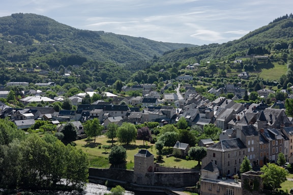A picturesque village nestled among rolling green hills, with an abundance of trees and lush vegetation surrounding the area. The village is composed of stone and slate-roofed houses clustered together beside a flowing river. The landscape includes terraced gardens and patches of open fields.