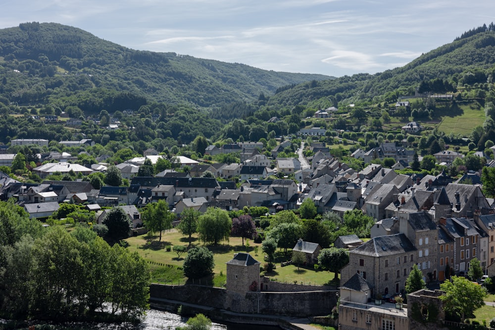 a small town nestled in a valley surrounded by mountains