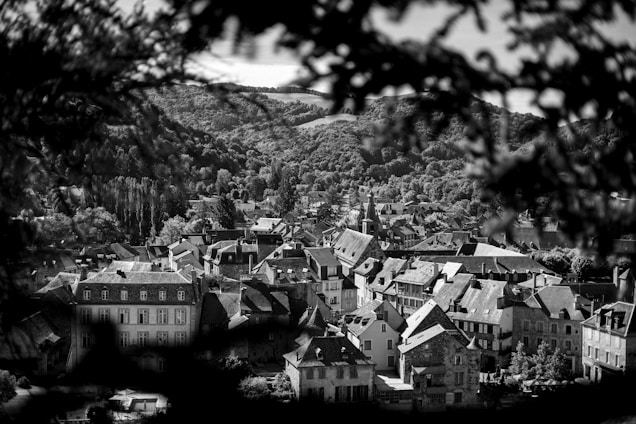 a black and white photo of a town