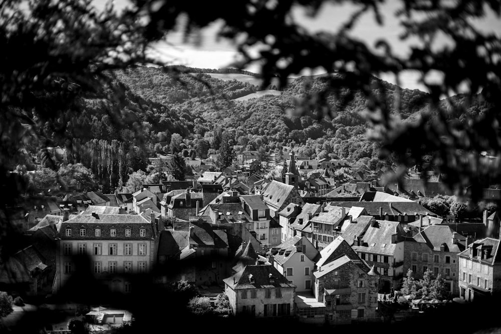 a black and white photo of a town