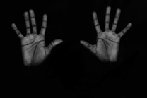 A pair of hands with palms open and facing forward against a dark background. The hands are highly detailed, showcasing the palm lines and fingers with light and shadow creating a dramatic effect.