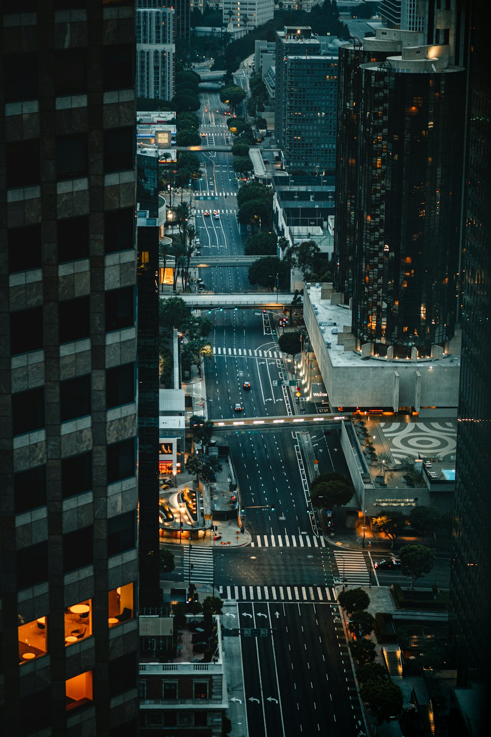 an aerial view of a city street at night