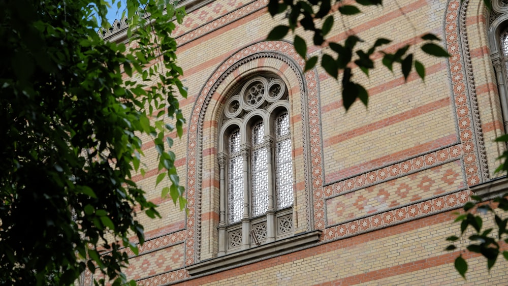 a large brick building with two windows and a tree in front of it