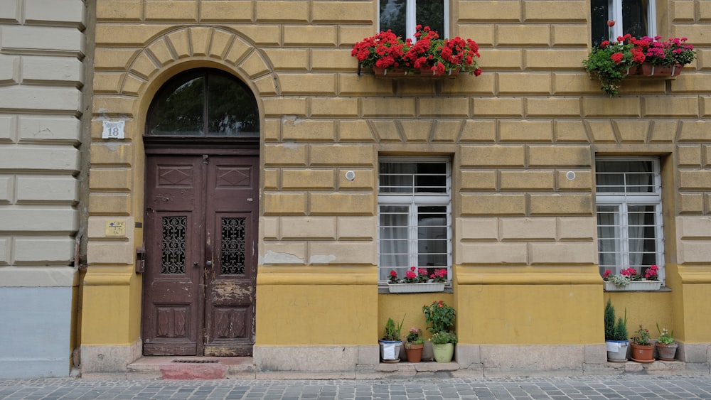 a yellow building with two brown doors and flower boxes