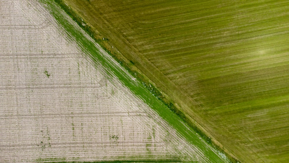 an aerial view of a green and white field