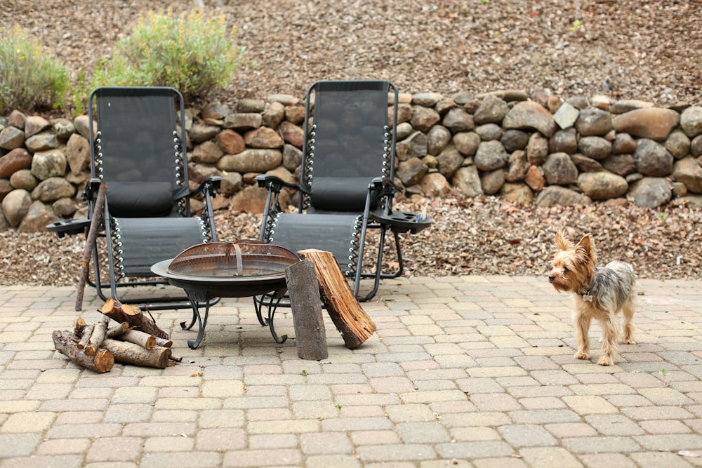 a couple of chairs and a fire pit on a brick patio