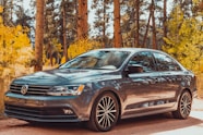 a silver car parked in front of a forest