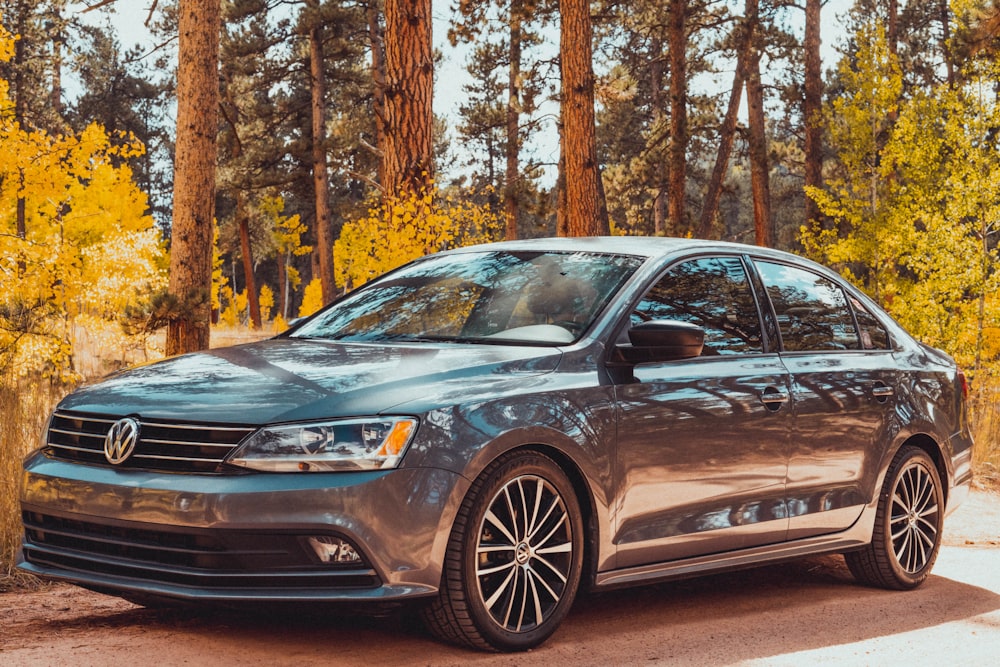 a silver car parked in front of a forest