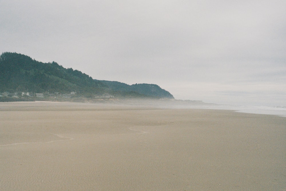 a sandy beach with a hill in the background