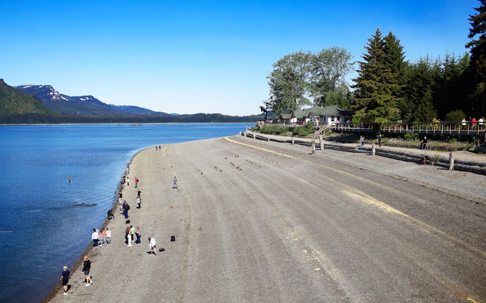 un groupe de personnes debout au sommet d’une plage de sable