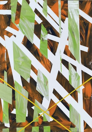 Abstract fiber art wall hanging with sharp angles and vibrant lime accents.