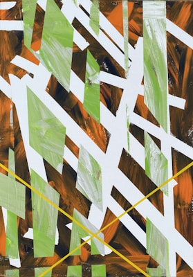 Abstract geometric artwork with overlapping angular shapes and lines. Predominantly features green, orange, and white colors with contrasting brush strokes intersected by thin yellow lines.
