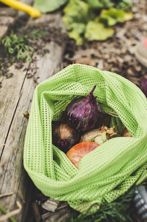 A close-up of a green mesh bag containing a variety of freshly harvested onions, including a red onion prominently visible. The bag rests on a weathered wooden surface with some herbs and leaves scattered around, suggesting a garden or outdoor setting.