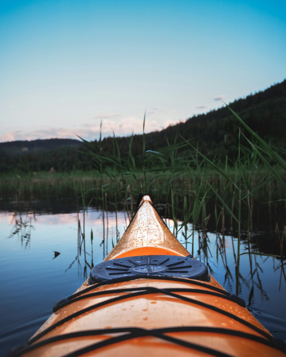 a view of the front end of a kayak from the water