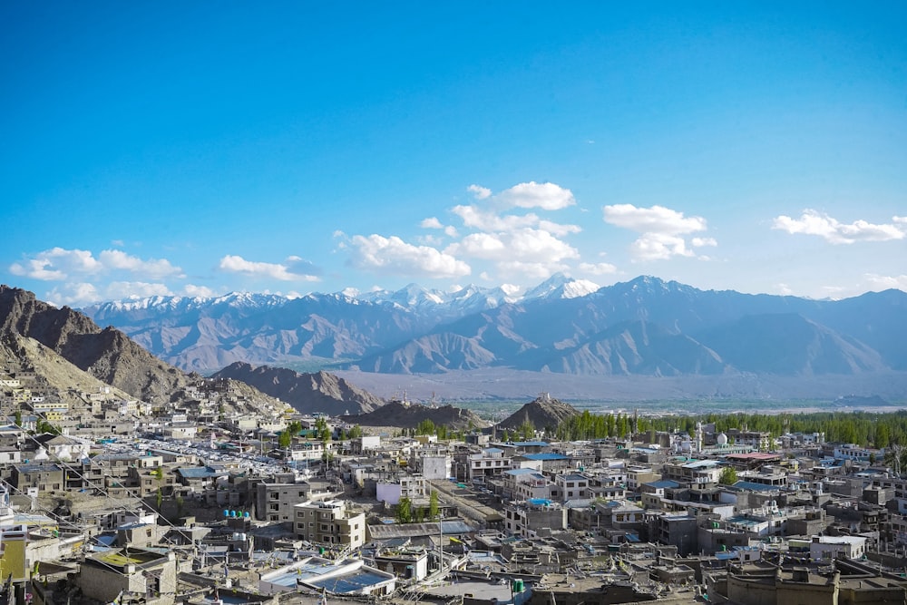 a view of a city with mountains in the background