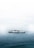 A large ferry labeled 'We Love Indonesia' sails on a calm expanse of water. The sky is overcast, creating a muted and serene atmosphere.