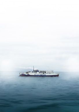 A large ferry labeled 'We Love Indonesia' sails on a calm expanse of water. The sky is overcast, creating a muted and serene atmosphere.