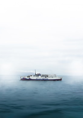A large ferry labeled 'We Love Indonesia' sails on a calm expanse of water. The sky is overcast, creating a muted and serene atmosphere.