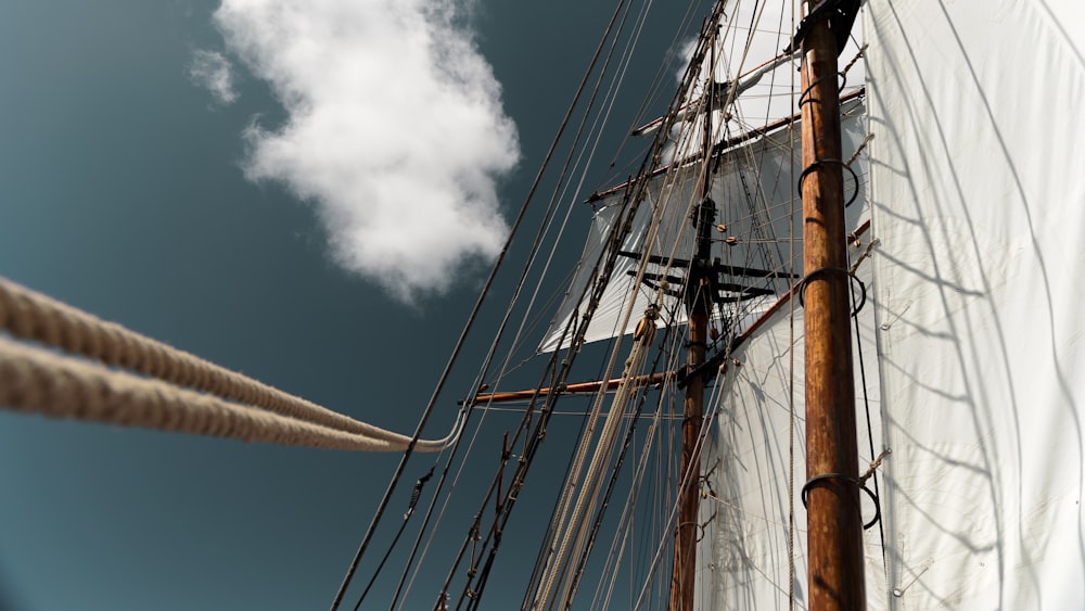 a sailboat with a white sail and a blue sky