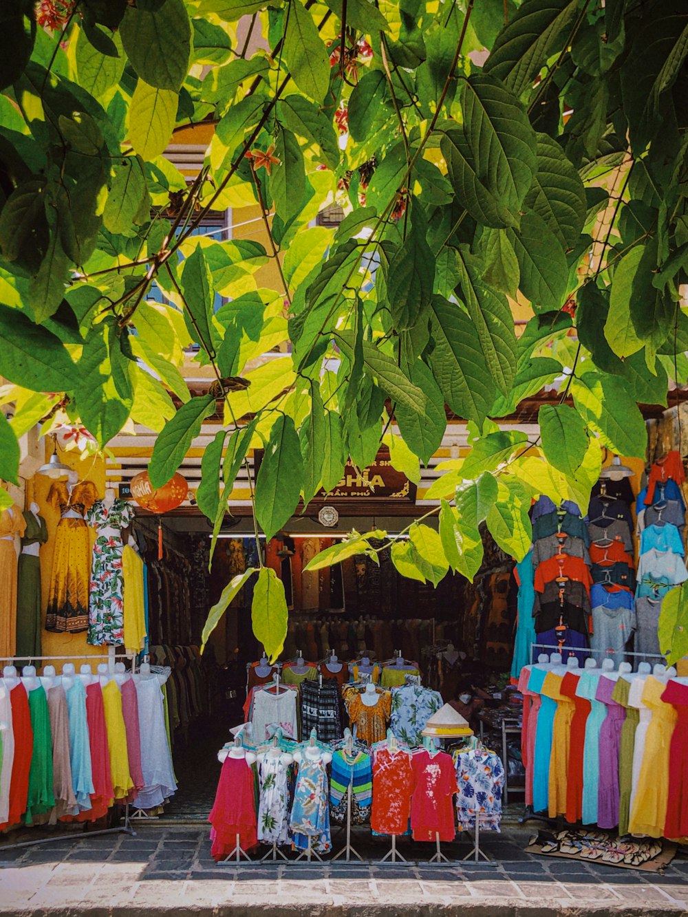 a bunch of colorful clothing on display under a tree