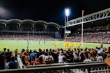 A large stadium filled with spectators watching a nighttime rugby match. The players are wearing yellow jerseys and the illuminated scoreboard is visible in the background. The stadium has a modern design with overhead lights.