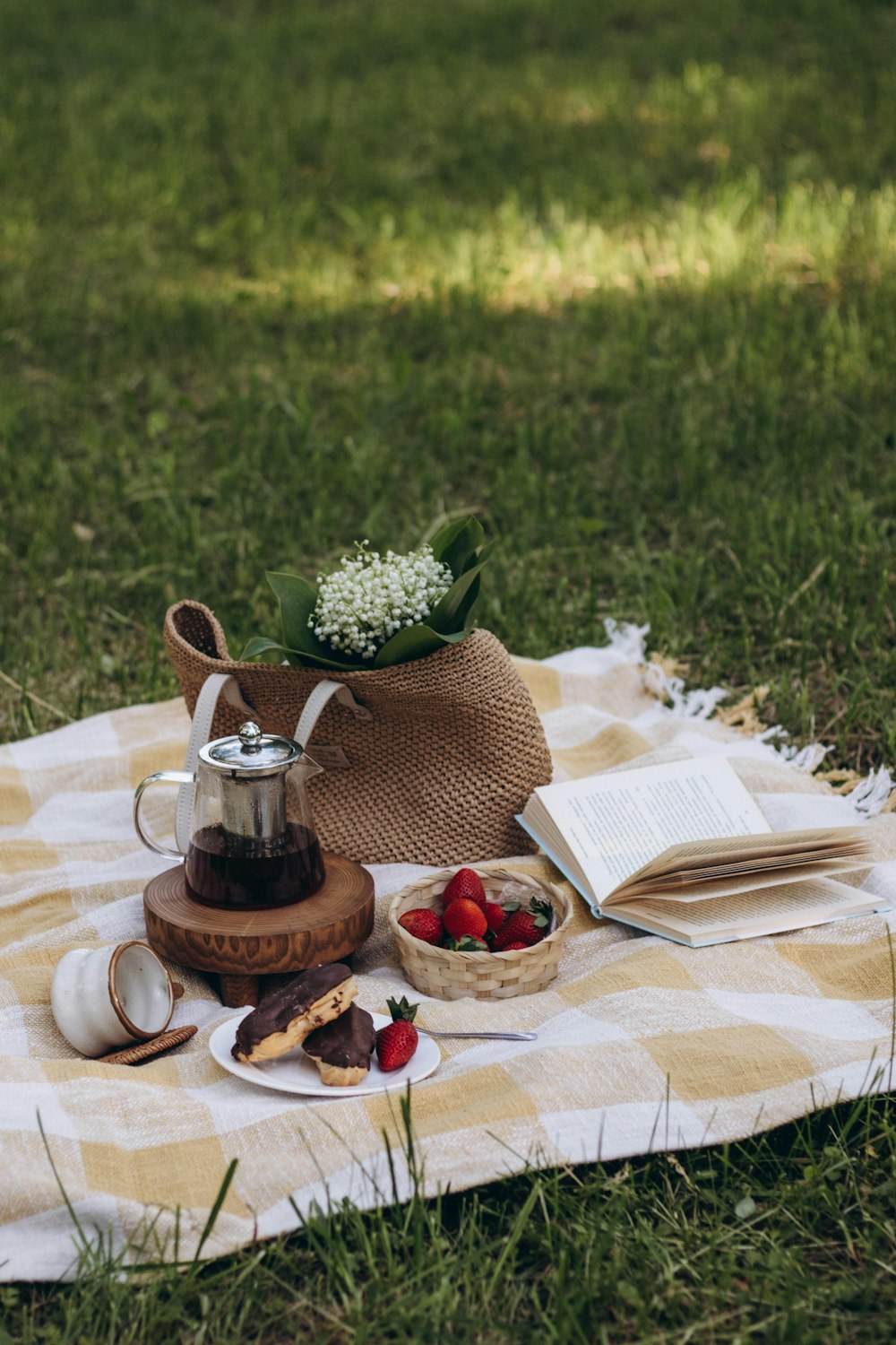a picnic blanket on the grass with a tea pot, book, strawberries,