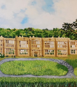 a painting of a large building in the middle of a field