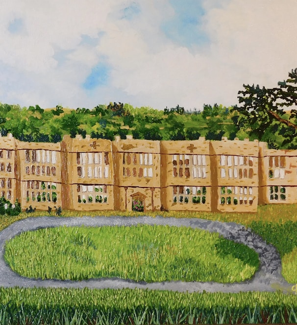 a painting of a large building in the middle of a field